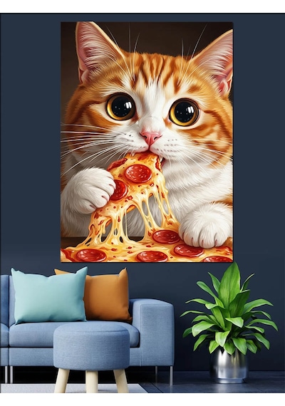 Pizza Yiyen Sevimli Kedi Dekoratif Kanvas - Mdf Ahşap Tablo