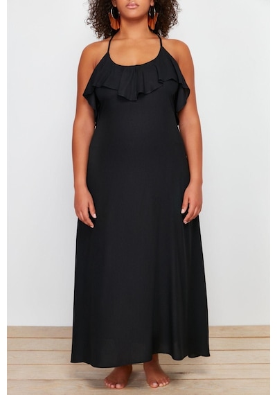 Ersefa Moda Rahat Plaj Günlük Shally Dokuma V Yaka Askılı Kol Basic Maxi Siyah
