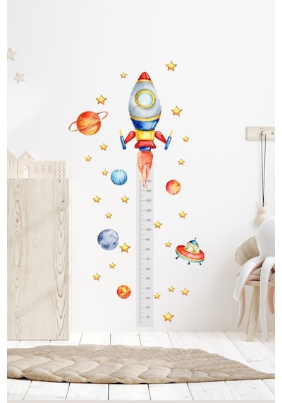 Boy Ölçer Uzay Roket Temalı Çocuk Odası Duvar Dekorasyon Sticker Seti