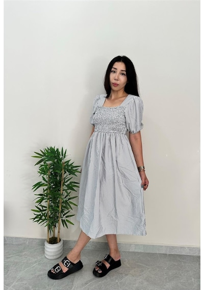 Simli Moda Çizgili Göğsü Lastikli Siyah Elbise Siyah