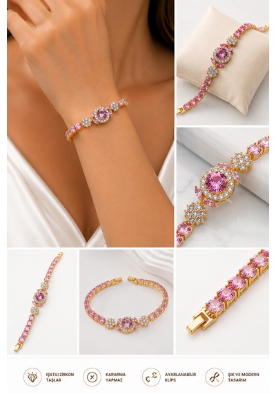 Pembe Zirkon Taşlı Gold Kadın Bileklik - Çiçek Ve Oval Taş Detaylı Tasarım Altın - Pembe