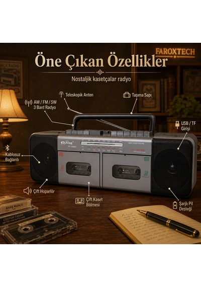 Nostaljik Çift Kasetçalar Radyo Bluetooth, Usb/tf Kart, Am/fm/sw 3 Bant, Çift Hoparlör Ve Şarjlı Pil Destekli