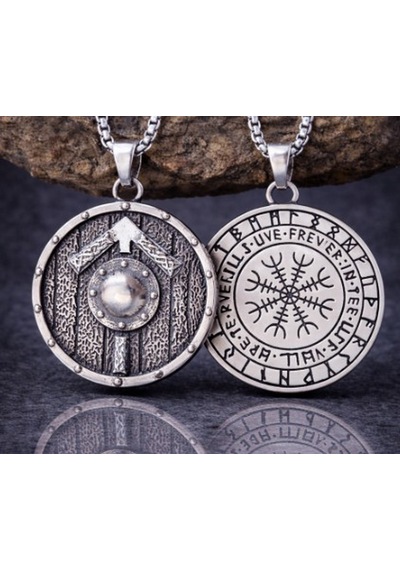Viking Kalkanı Kolye Erkek Norse Rune Tasarım Savaşçı Tarzı Çelik Kolye Hediye Gümüş