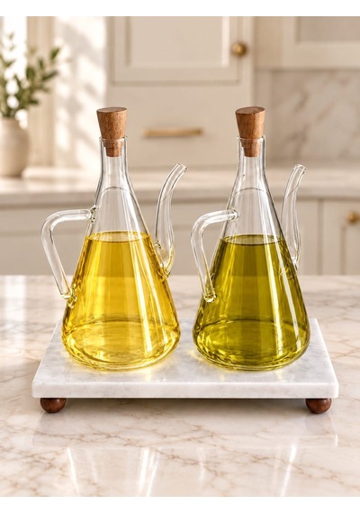 Morponi Mermer Stantlı 2'li Glazzy Düz Tasarım Yağlık & Sosluk 500 Ml+ 500 Ml Şeffaf