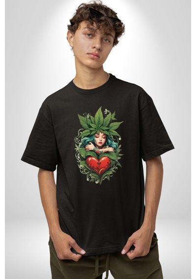 Kalp Parmak Kız Yeşillik Mutluluk Pamuklu Bisiklet Yaka Unisex Oversize Boyfriend Dijital Baskılı Siyah T-shirt Siyah