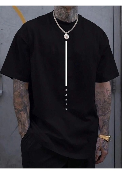 Tarzsokak Unisex Paris Çizgi Baskılı Oversize %100 Pamuk Siyah