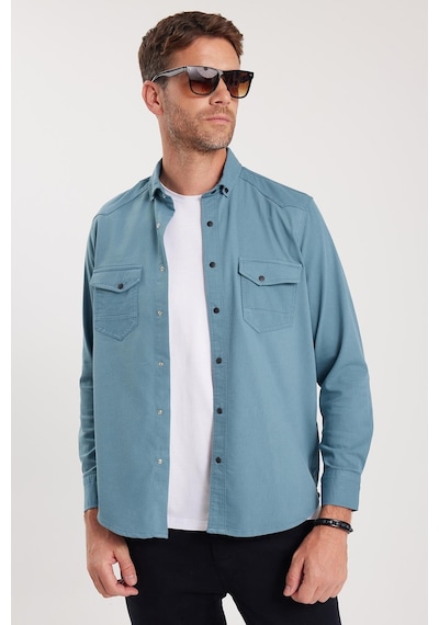 Tudors Erkek Regular Fit Rahat Kesim Çift Cepli Spor Yaka Denim Petrol Gömlek-36858 Petrol