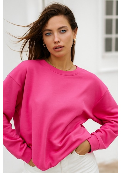 Kadın Pembe Pamuklu İnterlock Oversize Sweatshirt Pembe