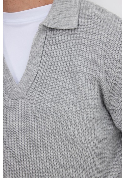 Tudors Erkek Slim Fit Dar Kesim Polo Yaka Gri Kazak-41796 Açık Gri