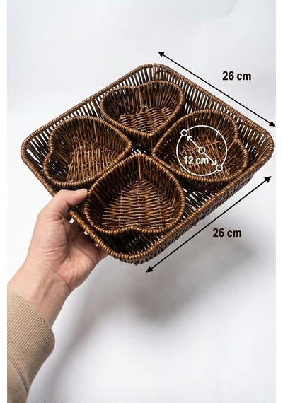 Lexroo 5 Parça Plastik Rattan Sunum Seti, 4 Kalp Formlu Bölmeli Çerezlik Ve Meyvelik Çok Renkli