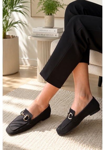 Kadın Loafer Makosen Metal Tokalı Nubuk Günlük Ayakkabı Siyah