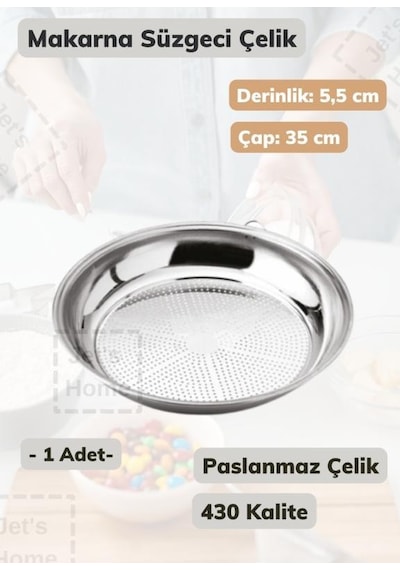 Makarna Süzgeci 35 Cm Paslanmaz Çelik Süzgeç İnce Metalik Gri