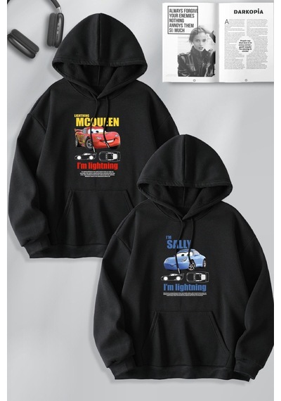 Macklin Sevgili Çift Kombin Şimşek Mcqueen Ve Sally Baskılı Özel Tasarım Kapüşonlu Sweatshirt 2li Set Takım Siyah Mck0996 Siyah