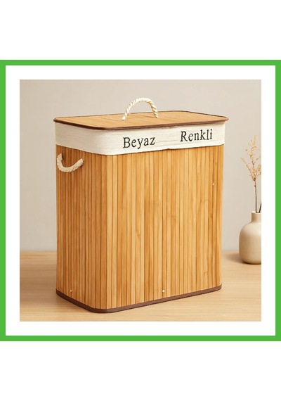 Vaveni Bambu Ahşap 2 Bölmeli Çamaşır Sepeti 52x32x62 Cm Arz