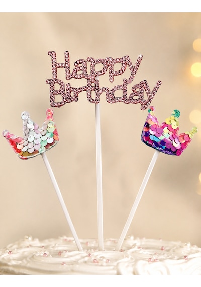 Pasta Üstü Çubuklu Happy Birthday Taşlı Pullu 3 Parça Süs Doğum Günü Parti Dekoru +3
