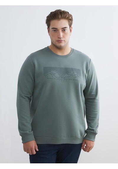 Lcwaıkıkı Classic Yeşil Büyük Beden Bisiklet Yaka Baskılı Erkek Kalın Sweatshirt