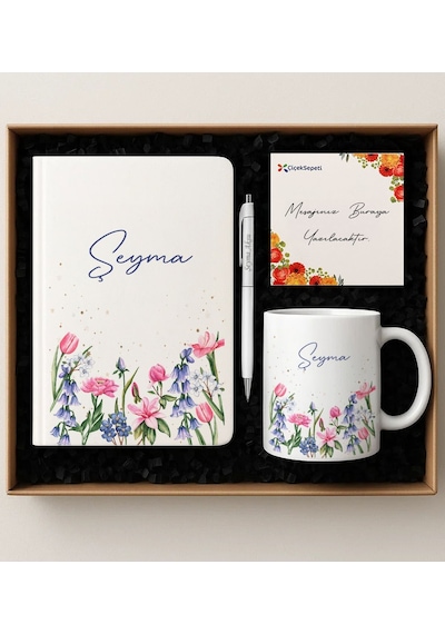 Bk Gift Kişiye Özel İsimli Çiçek Tasarımlı Defter & Kupa & Kalem Hediye Seti-1, Arkadaş Hediye, Sevgiliye Hediye, Eşe Hediye Kobitmeyencom34176 Bk Gif