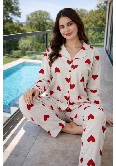 Remsa Kadın Kalp Desen Önü Düğmeli Suprem Pijama Takımı 0614 Bej02