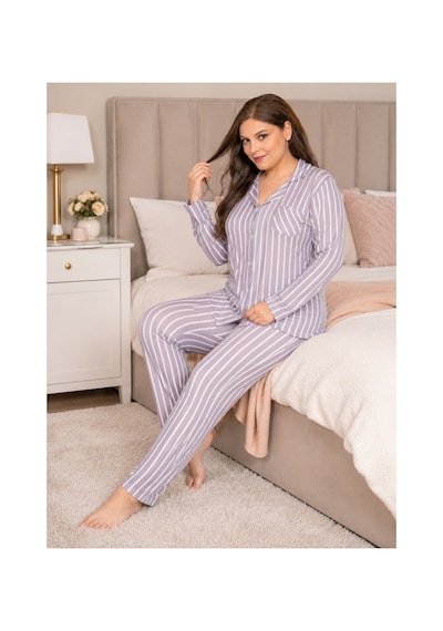 Alperi Büyük Beden Kadın Boydan Düğmeli Çizgili Mevsimlik Pijama Takım B790-45 Gri