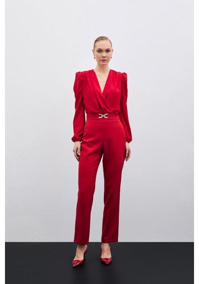 Sateen Aksesuar Detaylı Pantolon - Kırmızı