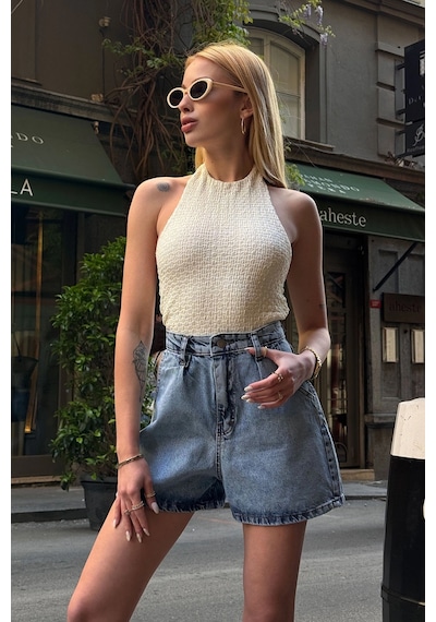 Buz Mavisi Çift Cepli Pileli Mini Denim Şort Çok Renkli