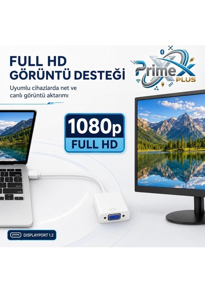 Primex Px-1515 Mini Displayport To Vga Çevirici, Macbook Mini Display To Vga Adaptör, 15 Cm Beyaz Görüntü Dönüştürücü, Mini Dp Erkek To Vga Dişi Monitör Projeksiyon Tv Bağlantı Aparatı
