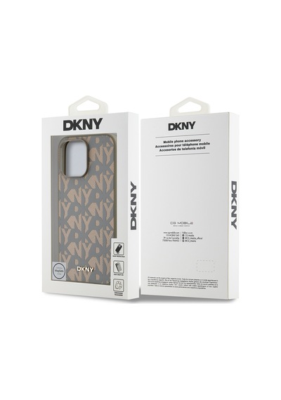 Apple Uyumlu iPhone 14 Pro Max Kılıf Dkny Lisanslı Magsafe Şarj Özellikli 3d Yazılı Grid Pattern Kapak Kahverengi