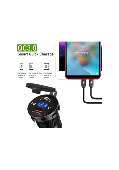 Araç Usb Montaj Tipi Şarj Soketi Volt Göstergeli Hızlı Şarj 12v/24v