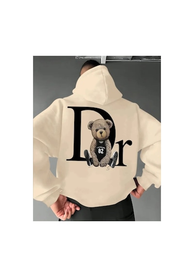 Herkesemoda Arka Ayı Baskı Detaylı İçi Polarlı Kapüşonlu Sweatshirt Bej