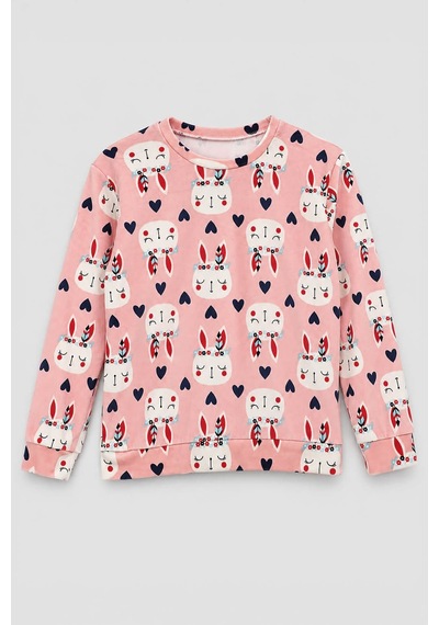 Markapia Kız Çocuk Tavşan Desenli Yumuşak Kadife Dokulu Pijama Üstü Pembe