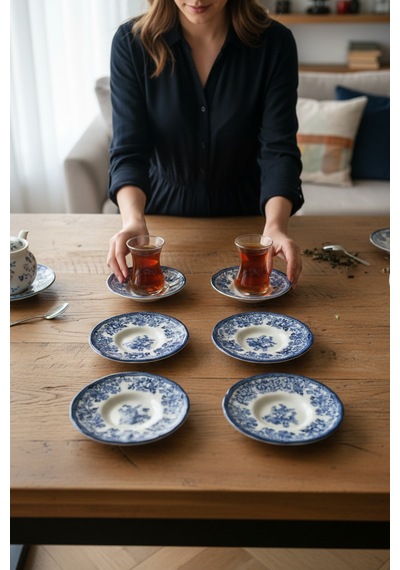 Akayev Porselen Vintage Blue 6 Parça Çay Tabağı