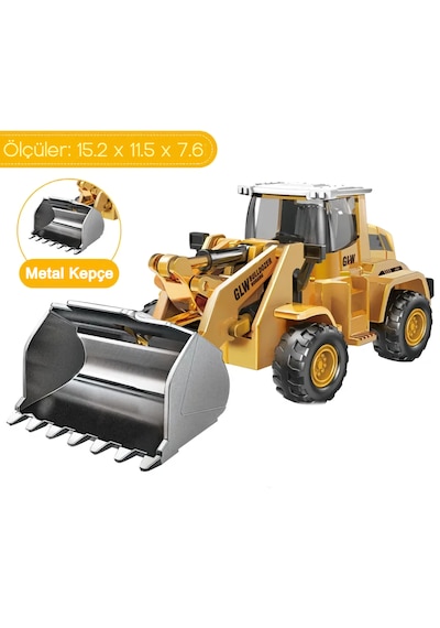 Diecast Oyuncak Kepçe Metal İnşaat Araçları Hareketli Oyuncak Model Kepçe Kutulu Buldozer Sarı