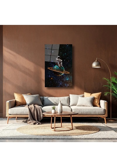 Kozmos Ve Astronot Cam Tablo Uzay Temalı Duvar Dekoru 60x90 Cm