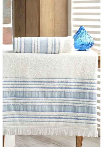 Louis Marie Saçak Detaylı Pamuklu Banyo Havlu Seti 2'li Mavi 50 x 90 + 70 x 140 CM Mavi