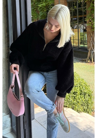 Siyah Peluş Fermuar Yaka Sweatshirt Mg1413 Siyah