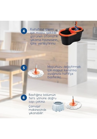 Focus Black Otomatik Temizlik Seti, Pedalsız Döner Sıkmalı 360 Başlıklı Mikrofiber Paspas 000 Açık Krem
