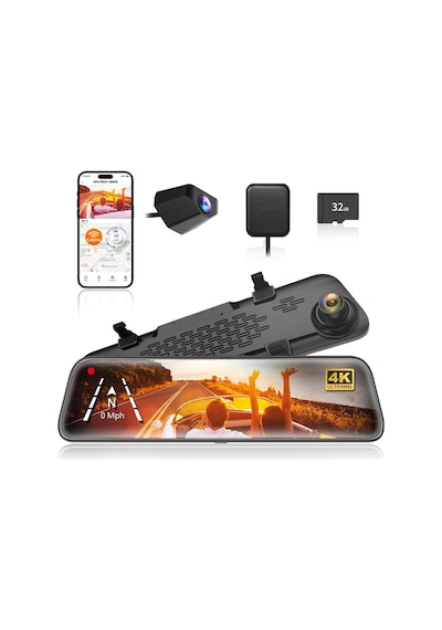 12" G840s 4k Ayna Dashcam, Ön & Arka Kamera, 5,8 Ghz Wifi, Ips Dokunmatik Ekran