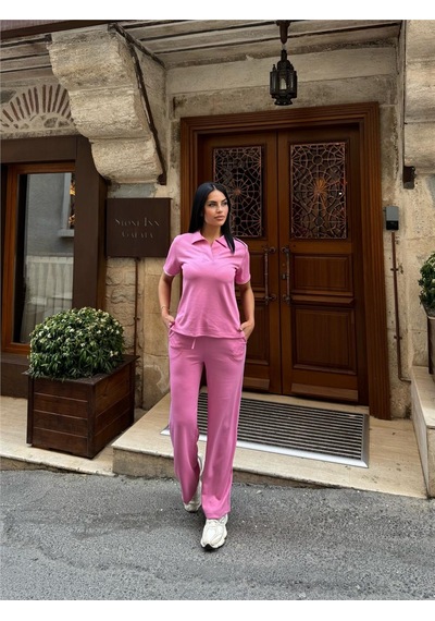WeShaya Pembe Polyester Elastan Polo Yaka Takım Pembe
