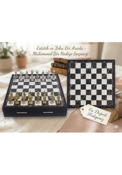 Kişiye Özel Osmanlı Bizans Temalı Lüks Metal Satranç Takımı 20cm Sandıklı Mermer Desenli Premium Set