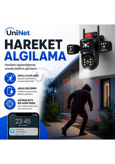 Uninet 9mp Wifi Ptz Kamera 3 Kameralı, 355 Derece Dönebilen Başlıklı, Renkli Gece Görüşü Ve Çift Yönlü Ses Özellikli
