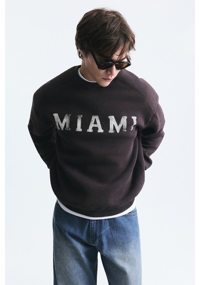 Vamos Miami Baskılı Bisiklet Yaka Sweatshirt Kahve