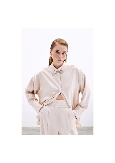 Sateen Aksesuar Detaylı Gömlek - Bej-135823 Bej