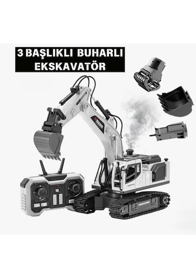 Metal Başlıklı Buharlı 1:18 Ölçekli Uzaktan Kumandalı 10 Fonksiyonlu 2.4 Ghz Oyuncak Ekskavatör Beyaz