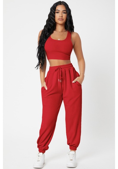 Modi Kadın Kırmızı Kaşkorse Cepli Jogger Eşofman Altı Ve Crop Top Bluz