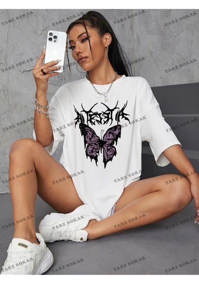 Startmore Unisex Bay Kelebek Ve Harf Grafikli Oversize Tişört Kod-1358 Beyaz