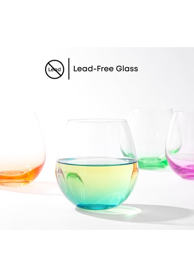 Hue Stemless Şarap Kadehi Seti. Büyük, 15 Oz, Sapsız, 6'li Set Beyaz Şarap, Kırmızı Şarap, Su, Köksüz Margarita Bardakları İçin Kısa Şarap Bardakları, Renkli Çok Renkli