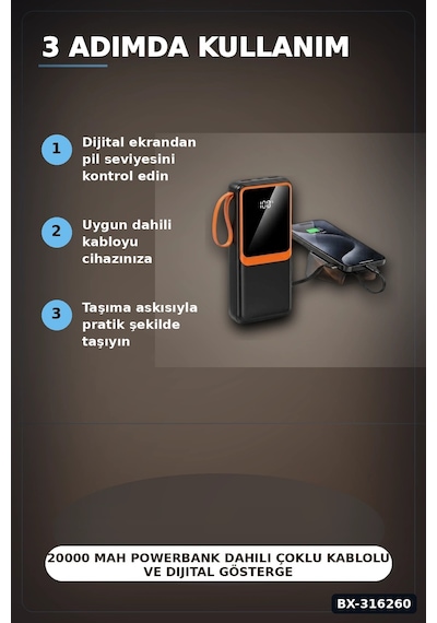 20000 Mah Powerbank Dahili Çoklu Kablolu Ve Dijital Göstergeli Taşınabilir Şarj Cihazı Bx-316260 Çok Renkli