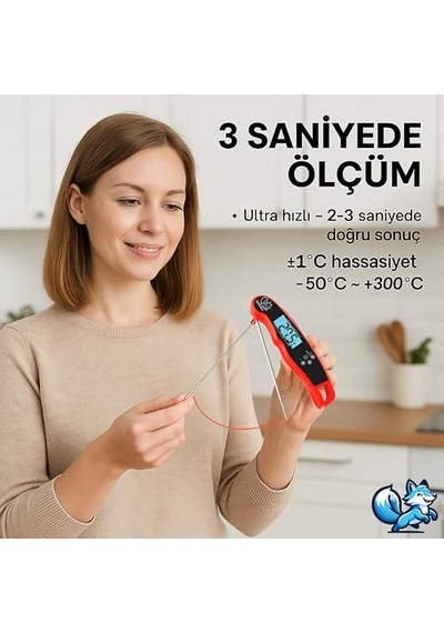 Okunan Mutfak Termometresi - Katlanabilir Arkadan Aydınlatmalı Lcd Ekran 240 Dönebilen Prob -50 C 300 C Aralığı