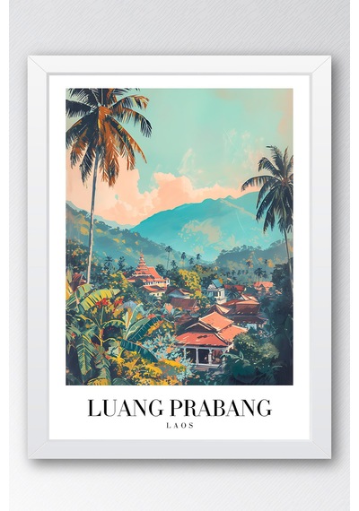 Luang Prabang Laos Vintage Seyahat Posteri Çerçeveli Tablo - Premium Egzotik Doğa Duvar Dekoru Beyaz