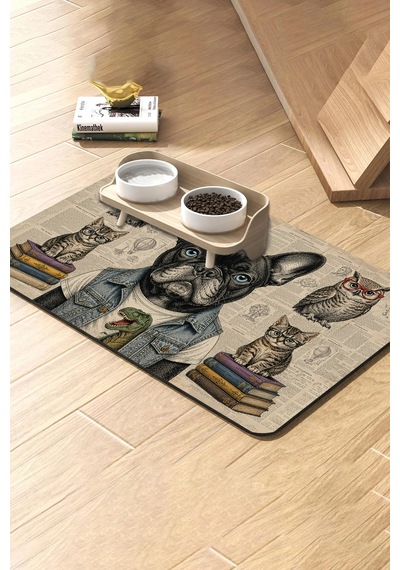 Matgo Pati Kedi Köpek Beslenme Matı 50x70cm Su Geçirmez Mama Kabı Paspası Retro Hayvan Akademisi